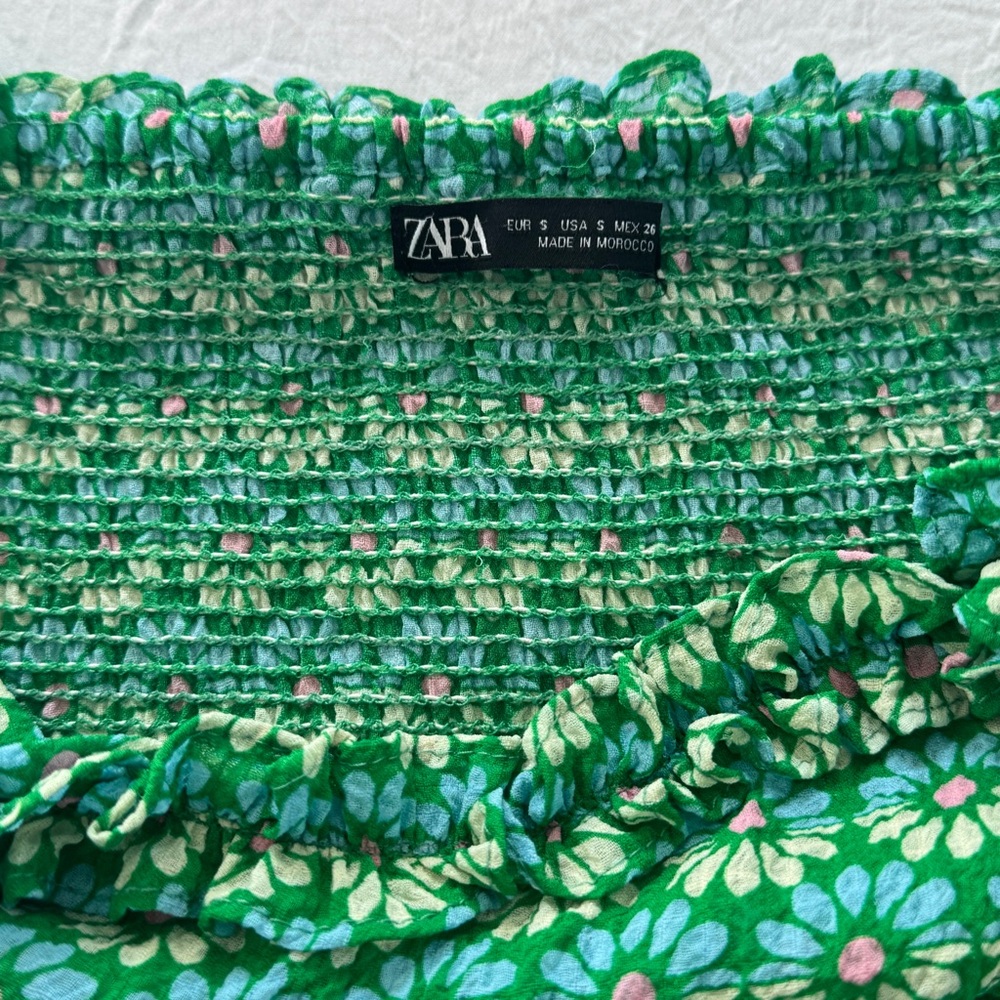 Zara Green Floral Daisy Ruffled Strap Summer Cottagecore Mini Dress S - Picture 6 of 9